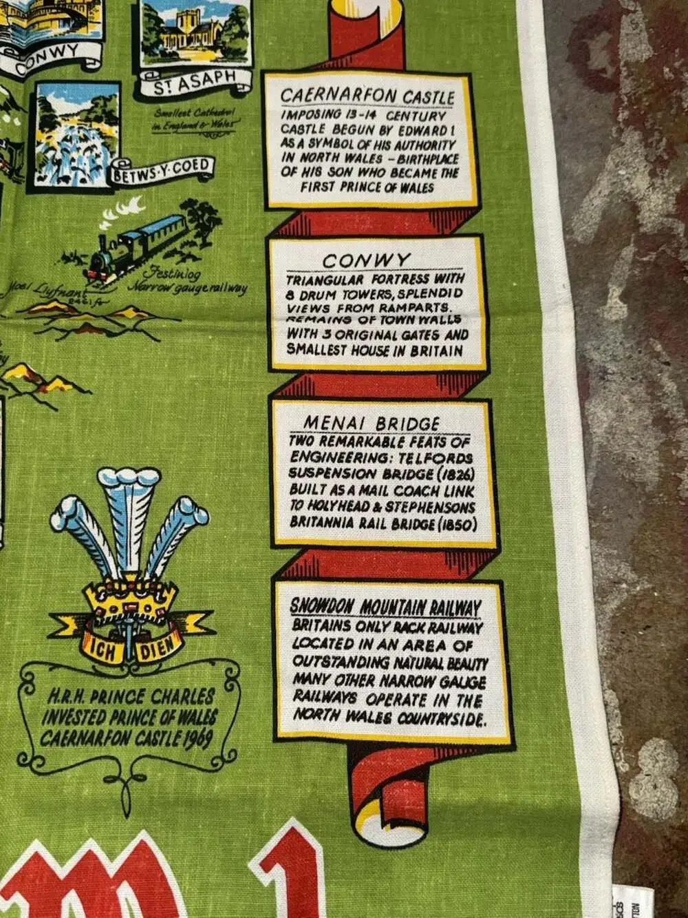 Vintage North Wales Souvenir Map 100% Cotton Tea Towel